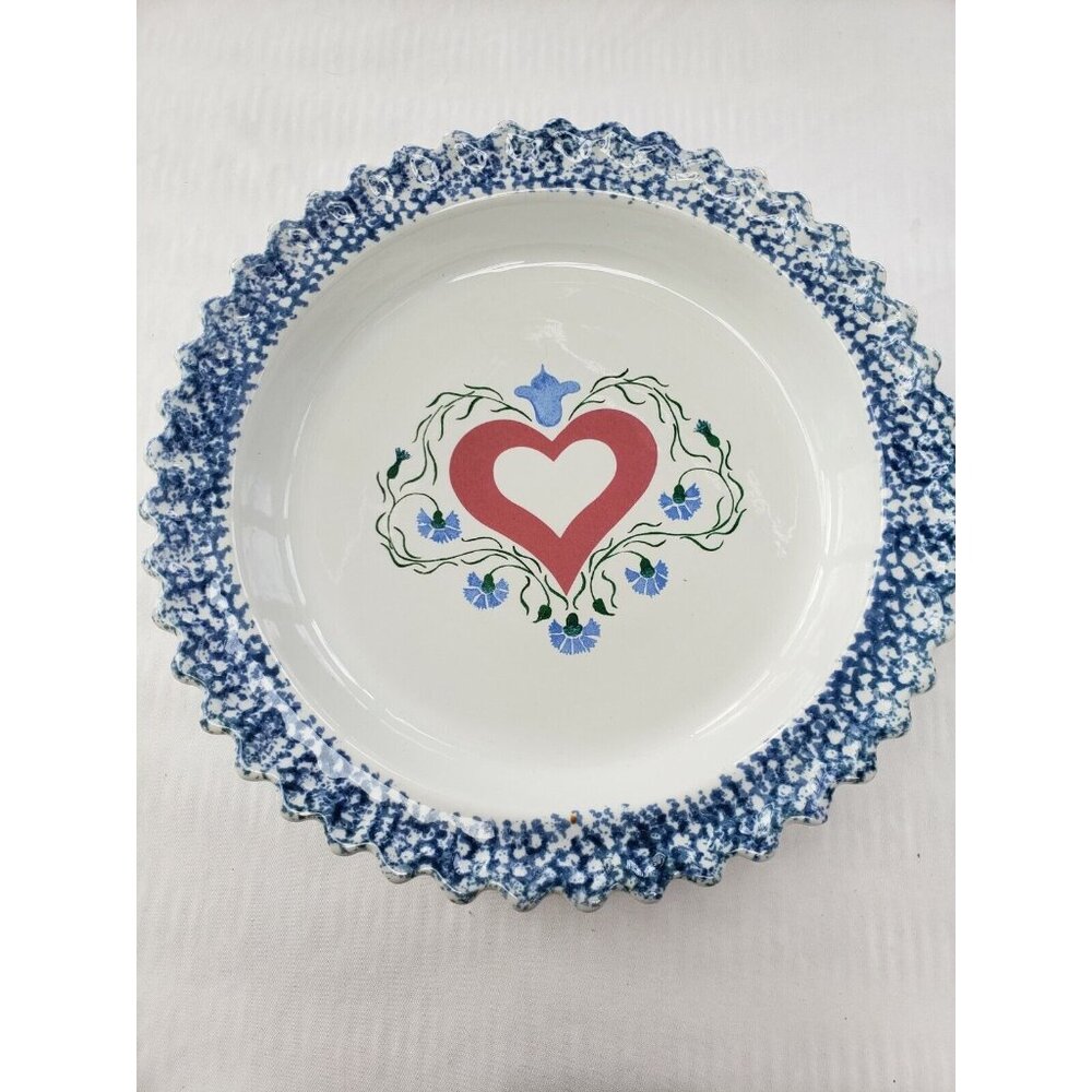 Ceramic Blue Spongeware Border Pie Plate, Pink Heart, Blue Flowers ABC Exclusive